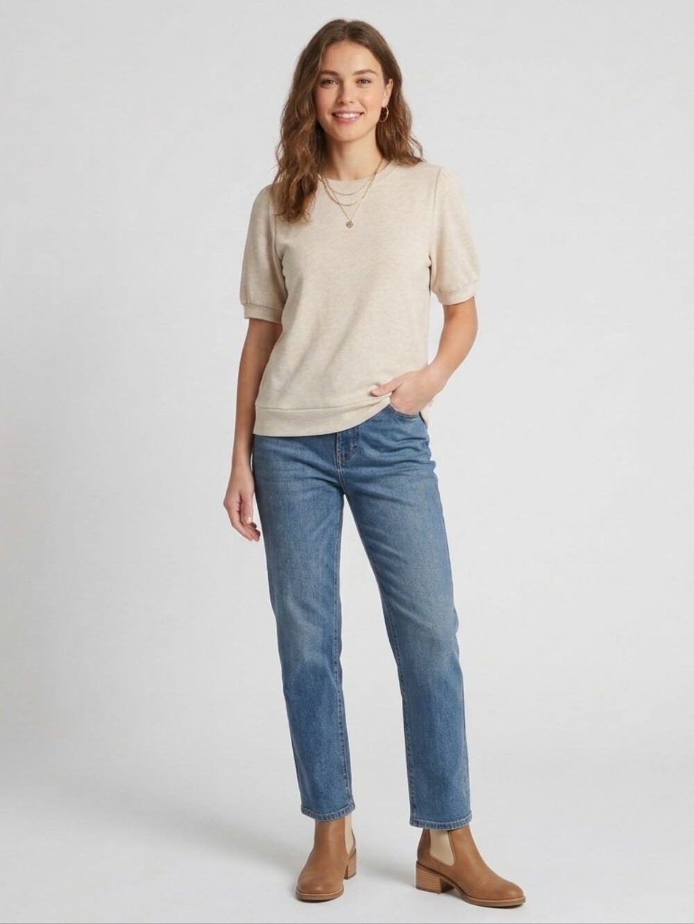 Evereve Cream Puff-Sleeve Sweatshirt Sz M Soft Modal